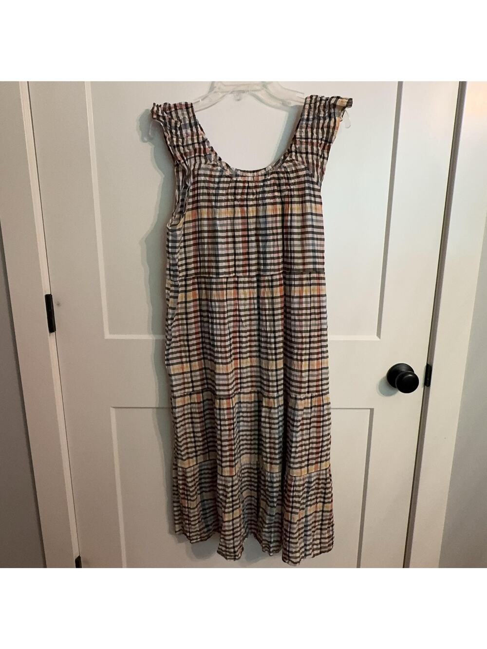 LOFT Dress Petite LP Multicolor Plaid Cotton Ruffle Strap Swing Midi Sundress